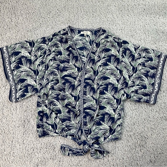 Max Studio Top Womens Small Blouse Sheer Cropped Tie Front Lightweight Tropical - Picture 1 of 5